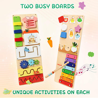 Montessori Busy Board for 1 Year Old, 2 Pcs Wooden Sensory Toys for Toddlers 1-3, Preschool Learning Activities Game for Fine Motor Skills, Birthday Easter Gifts for 1 2 3 4 Years Old Baby Boys Girls
