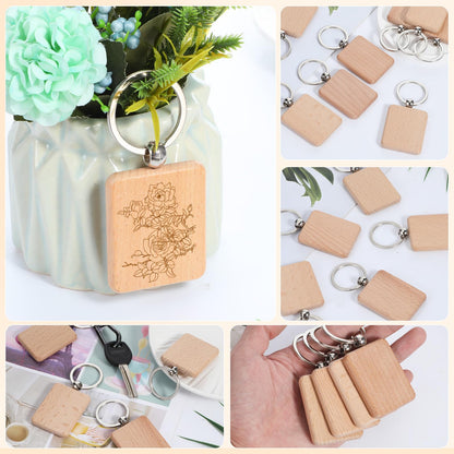 50 Pcs Wooden Keychain Blanks Laser Engraving Blanks Wood Blanks Key Chain Bulk Unfinished Wooden Key Ring Key Tag for DIY Gift Crafts