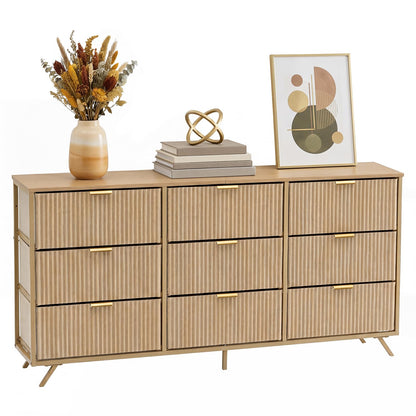 DUMOS Fabric Fluted Dresser,Chest of 9 Fabric Drawers for Bedroom, Large Dressers with Metal Frame & Wooden Top, Storage Organizer Closet for Living Room, Entryway, Oak