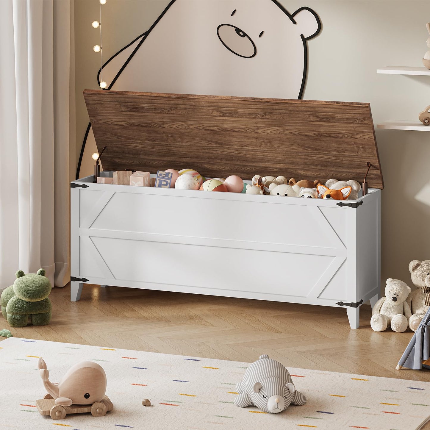 HOOBRO 47.2" Toy Box, Storage Bench with Safety Hinges, Toy Chest Storage, Wooden Storage Chest for Bedroom, Living Room, White and Walnut WH16CW01