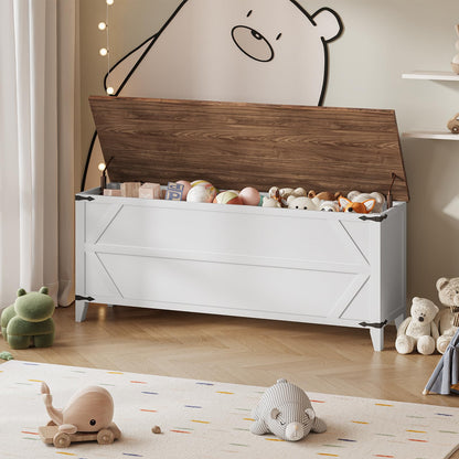 HOOBRO 47.2" Toy Box, Storage Bench with Safety Hinges, Toy Chest Storage, Wooden Storage Chest for Bedroom, Living Room, White and Walnut WH16CW01