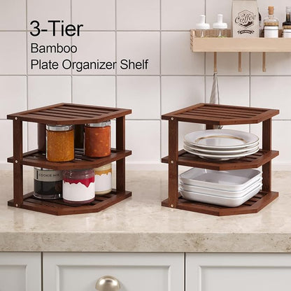 VERTORGAN 3 Tier Bamboo Corner Shelf(2 pack),Dish Drying Rack,Plate Organizer,Kitchen Spice Rack for Countertop and Cabinet,Pantry Organization and Storage(Brown)
