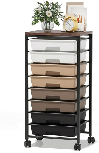 Rolling Cart with 8 Drawers, Storage Drawers Cart with Wooden Tabletop and Lockable Wheels, Craft Storage for Living Room, Office, Classroom, Craft Room, Bedroom (Brown)