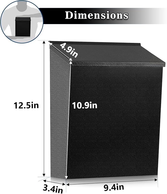 KYODOLED Mailbox for Outside, Wall Mount Mail Drop Box, Black | Large Capacity, Fits Letters, Magazines & Documents, Powder-Coated Steel, Weather Resistant, Home, Apartment & Office Use
