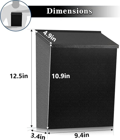 KYODOLED Mailbox for Outside, Wall Mount Mail Drop Box, Black | Large Capacity, Fits Letters, Magazines & Documents, Powder-Coated Steel, Weather Resistant, Home, Apartment & Office Use