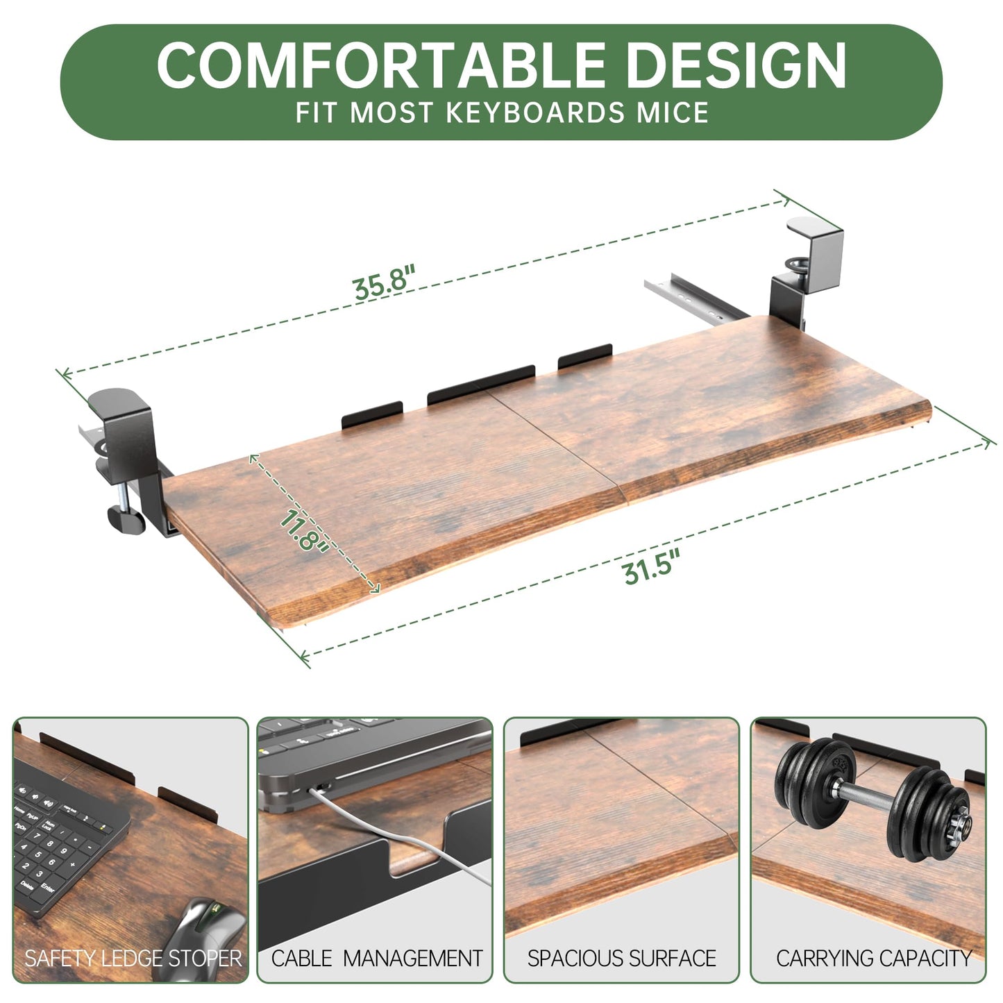 UPGRAVITY Extra Large Keyboard Tray Under Desk - Slide Out with Sturdy C-Clip Mount System, Extra Wide 31.5" (35.8" Including Clamps) x 11.8" Pull-Out Keyboard Computer Drawer, Rustic Vintage Brown