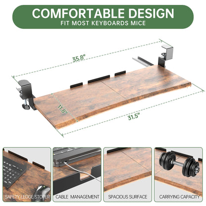UPGRAVITY Extra Large Keyboard Tray Under Desk - Slide Out with Sturdy C-Clip Mount System, Extra Wide 31.5" (35.8" Including Clamps) x 11.8" Pull-Out Keyboard Computer Drawer, Rustic Vintage Brown