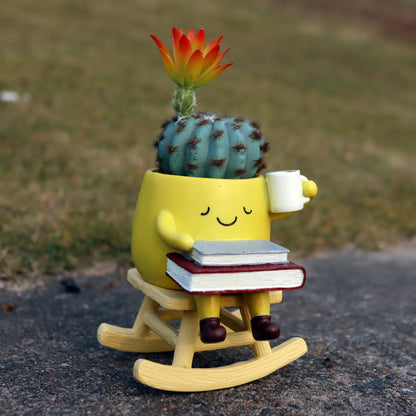 Dolkgy Funny Planters for Indoor Outdoor Plants, Adorable Rocking Chair Drinking Coffee Book Face Plant Pots, Unique Yellow Head Planters Flower Vase Succulent Pots