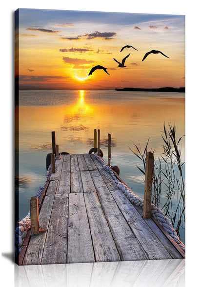 Sunset Wall Art Lakeside Pier Trail Canvas prints Sunset Nature Landscape Painting for Home Living Room Bedroom Office (12x16 inch) Framed