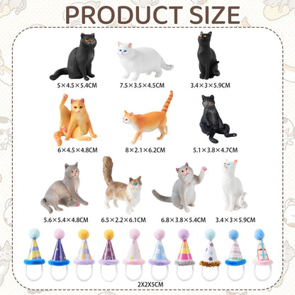 FCKLVMC 20 Pcs Miniature Cat Figurines with Birthday Hats Kit, Resin Tiny Cat Figurines Cake Toppers for Birthday Cat Cake Party Decorations