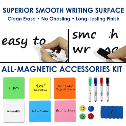 Whiteboard Set - Dry Erase Board 47 x 18 in with 1 Dry Wipe Eraser, 4 Markers, 4 Magnets and 6 Magnetic Notes - Large Wall White Board for Home and Office