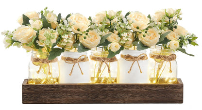 Mkono Mason Jar Lights Centerpiece Table Decor for Dining Room Farmhouse Wood Tray with Flowers Valentines Day Decoration for Coffee Table Kitchen Living Room Wedding