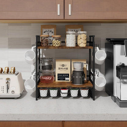 BCOZLUX Coffee Bar Organizer, 3 Tier Coffee Station Organizer for Countertop, Mug Cup Holder Stand with 12 Hooks, with K Cup Storage Drawer, Tea Organizers Accessories for Home Office