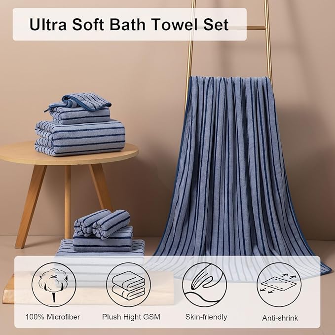 8 Pcs Navy Cabana Stripe Large Bath Towel Set Oversized Bath Sheet 2 Bathroom