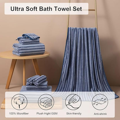 8 Pcs Navy Cabana Stripe Large Bath Towel Set Oversized Bath Sheet 2 Bathroom