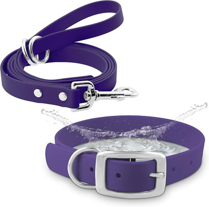Regal Dog Products Large Purple Waterproof Dog Collar and Leash Set | Heavy Duty Double Buckle & D Ring - 5'ft Leash | Adjustable Biothane Dog Collar | Chew Resistant Waterproof Collar for Dogs