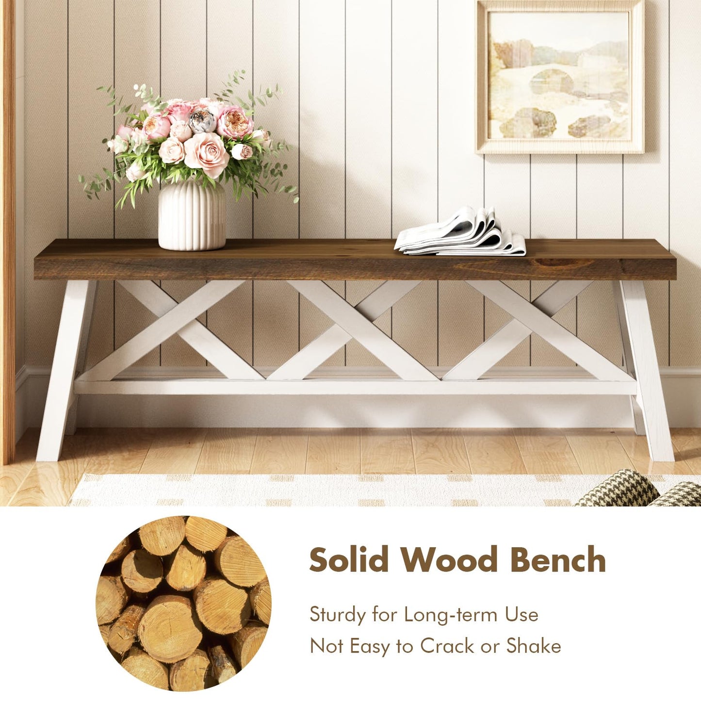 Wnutrees 43"& 54" Farmhouse Wood Bench (2 PCS), Rustic Solid Wood Entryway Benches Seat with Double X-Structure for Dining Area Living Room Hallway White