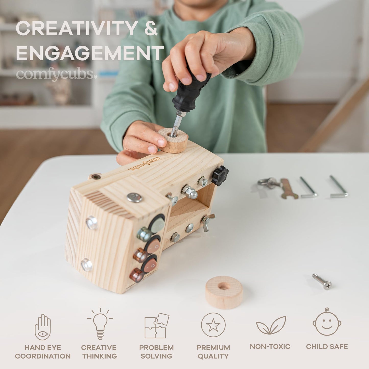 Comfy Cubs Busy Board Toy Truck Set - Fun & Noise-Free, Pine Wood Activity Board for Toddlers with LED Light Switch - Designed in the US, Focused & Engaging Montessori Play for Kids 3+ (Natural Wood)