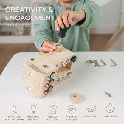 Comfy Cubs Busy Board Toy Truck Set - Fun & Noise-Free, Pine Wood Activity Board for Toddlers with LED Light Switch - Designed in the US, Focused & Engaging Montessori Play for Kids 3+ (Natural Wood)