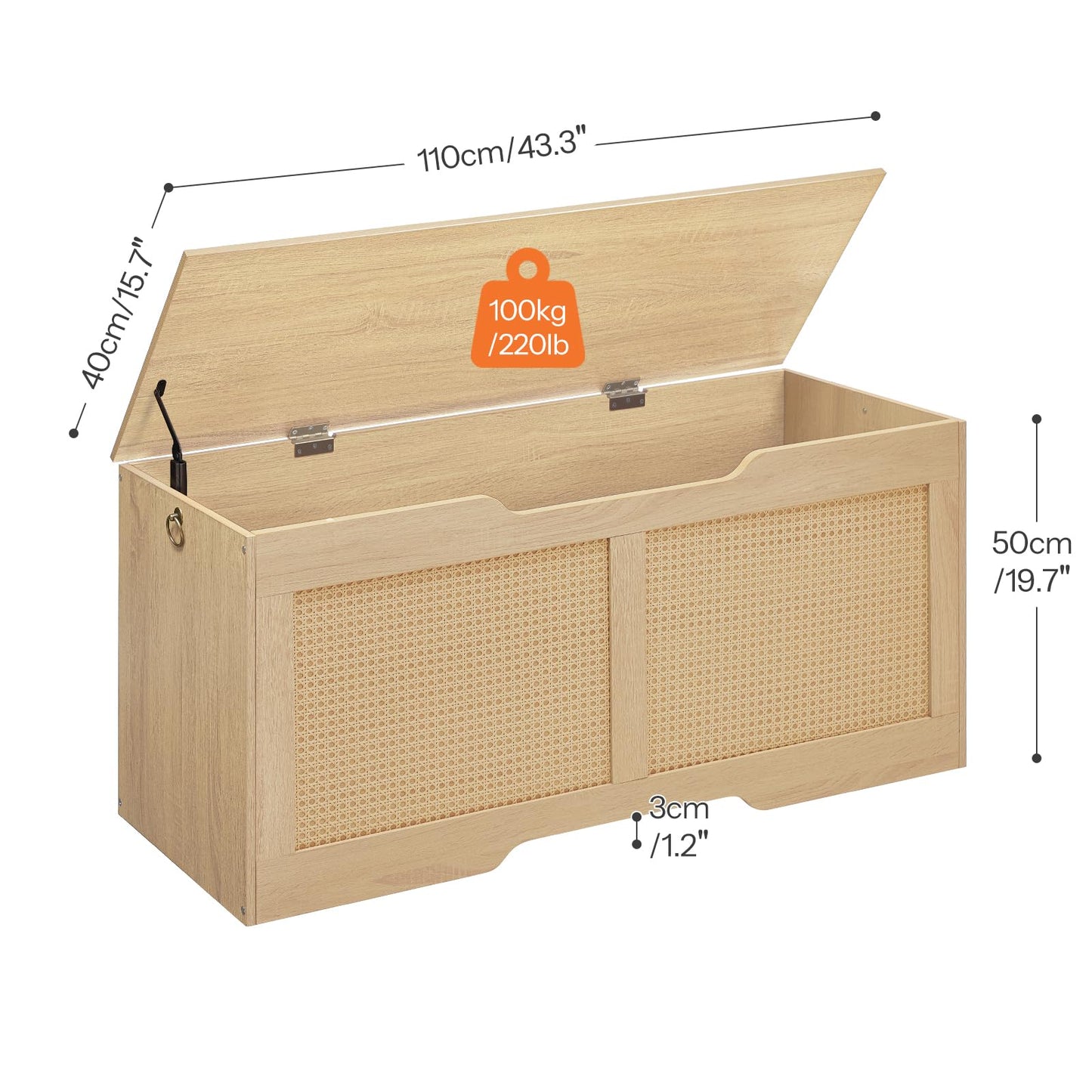 HOOBRO Storage Bench, 43.3" Toy Box, Rattan-Like Storage Chest, Sturdy Entryway Bench Supports 220 lb, Toy Chest, Safety Hinge, U-Shaped Opening, Easy Assembly, Natural NL22CW01
