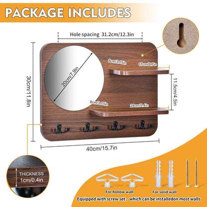 YeadCedle Coat Rack with Shelf Rustic Wooden Wall Mounted Hanging Coat Rack with Mirror Shelves and 4 Double Hooks Decorative Entryway Hook Shelf for Hallway Living Room Bedroom 16"x12" (Brown S)