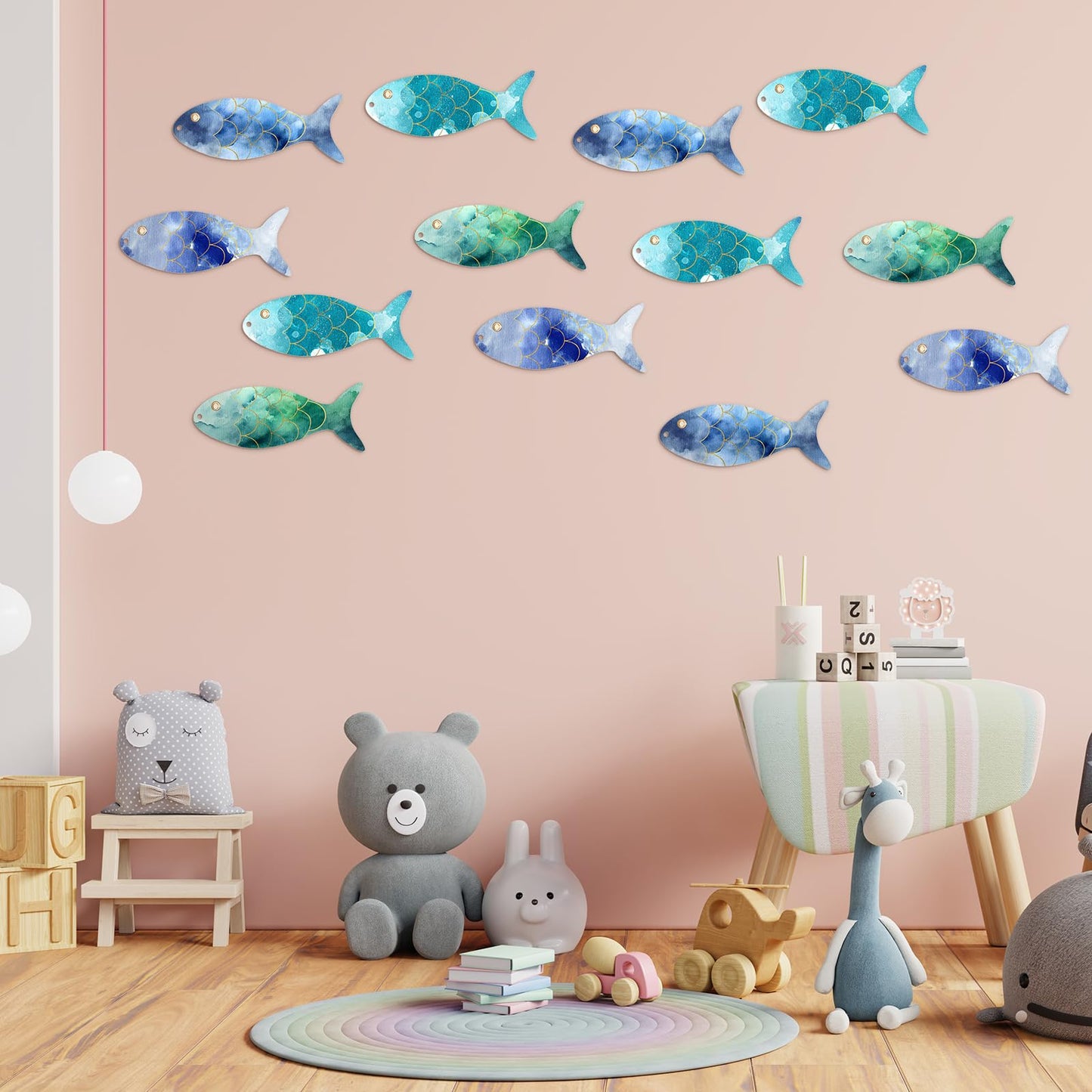 Gerrii 72 Pieces Wood Fish Cutouts Unfinished Wooden Cutouts with Holes Blank Wooden Hanging Ornaments Slices with Twine for DIY Crafts Party Decorations