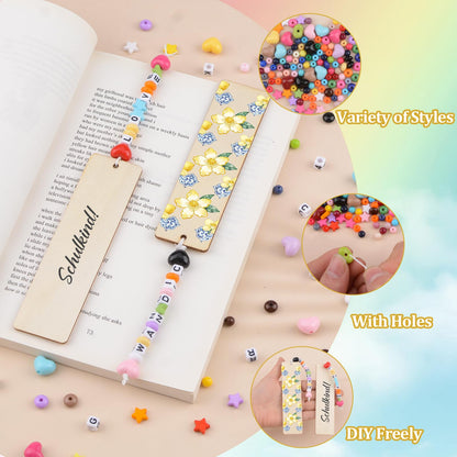 WANDIC 24Pcs Wooden Personalised Bookmark with A-Z Letter & 4 Styles Colorful & 0-9 Digital Square Beads Wooden Blank DIY Bookmark with Hole DIY Craft