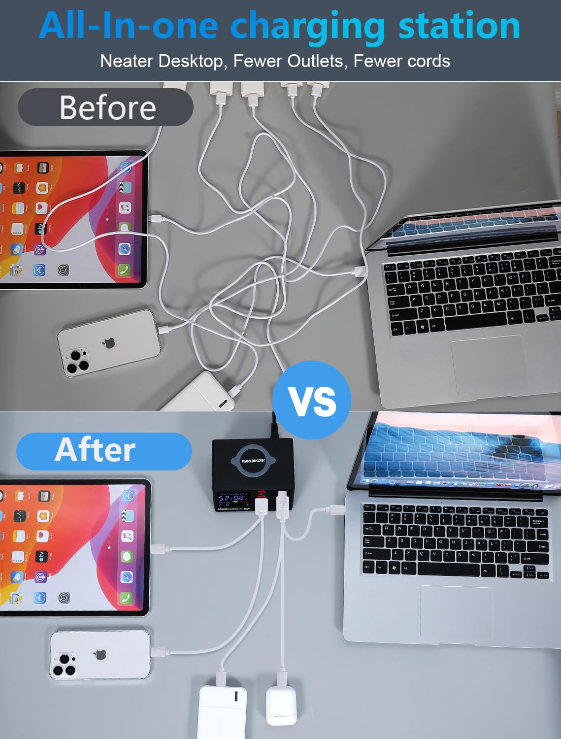 WANLONGXIN 100W 8-Port USB Qi Wireless Charging Station, QC3.0/PD Fast Charge for Phones Tablets USB Tools, Multi-Device Smart IC Desktop Organizer Hub