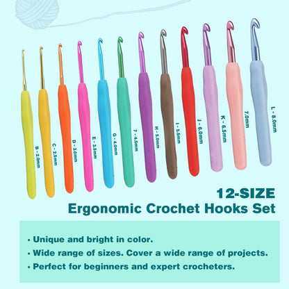 YOJOB Crochet Hooks Set (12 Sizes), Super Smooth 2.0mm-8.0mm Ergonomic Soft Grip Crochet Needle Kit with Accessories and Crochet Case
