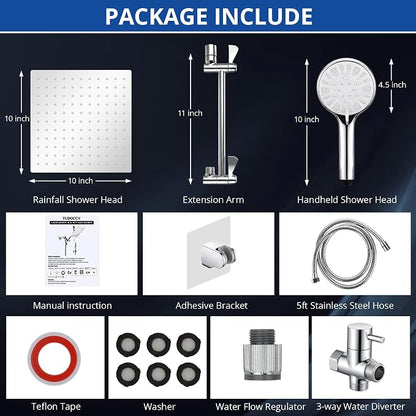 Shower Head, 10 Inch High Pressure Rainfall Shower Head/Handheld Shower Combo with 11 Inch Extension Arm, 9 Settings Adjustable Anti-leak Shower Head with Holder/Hose, Height/Angle Adjustable