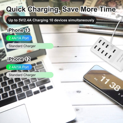 10-A Port USB Charger Station, smart Multiple Charging Block/USB Power Strip for Multiple Devices,Mobile Phones and iPads,Smart Watches Tablets (White)