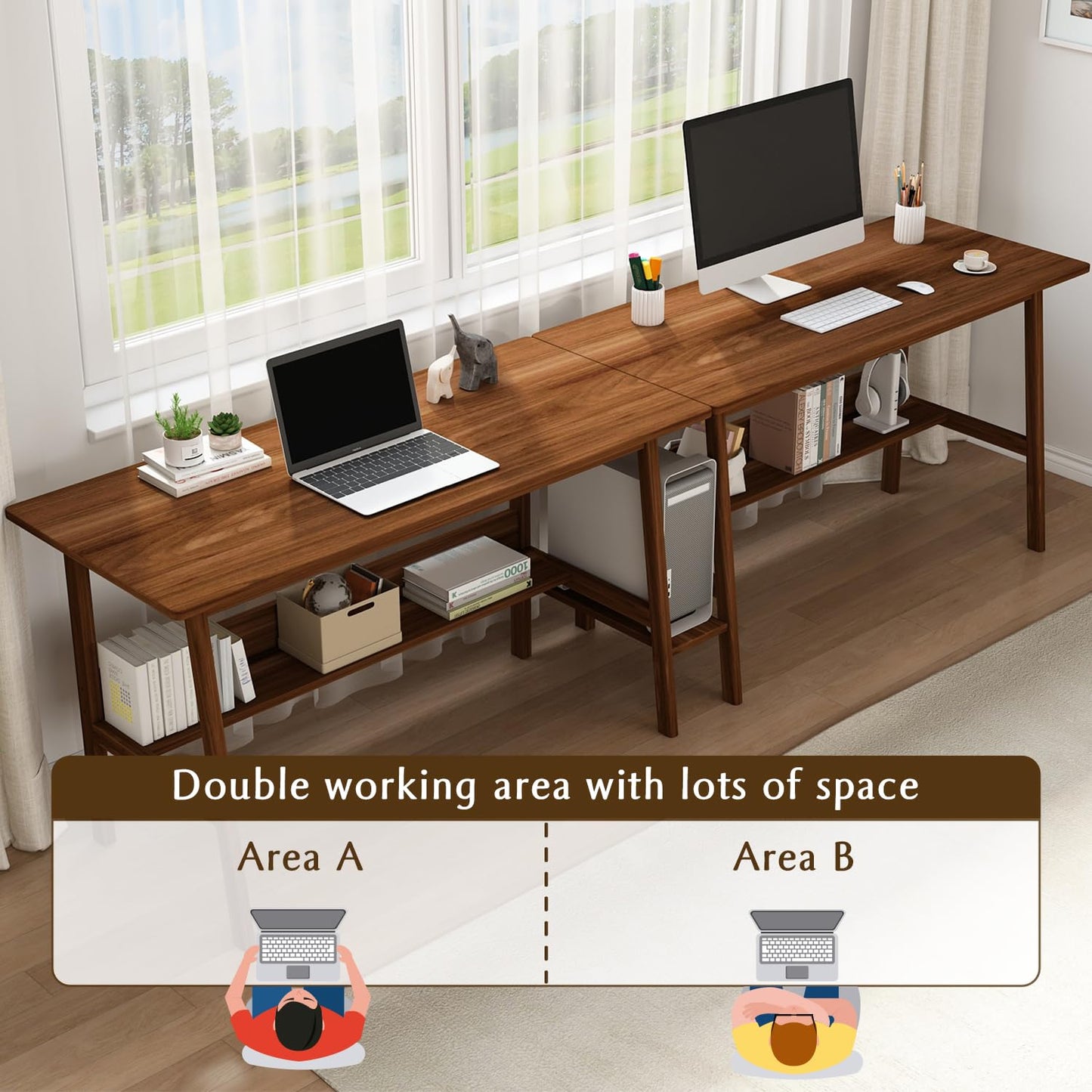 NELYE 2-Person Writing Desk with Bookshelf - 79" Wooden Extra Long Home Office Work Table, Double Study Computer Workstation with Storage Shelves in Walnut, 79" W x 24" D
