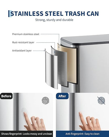 3.4 Gallon/13 Liter Trash Can, Stainless Steel Step Garbage Can with Quiet Soft-Close Lid, Foot Pedal & Removable Inner Bucket, Rectangular Trash Bin for Bathroom Home Office, Silver