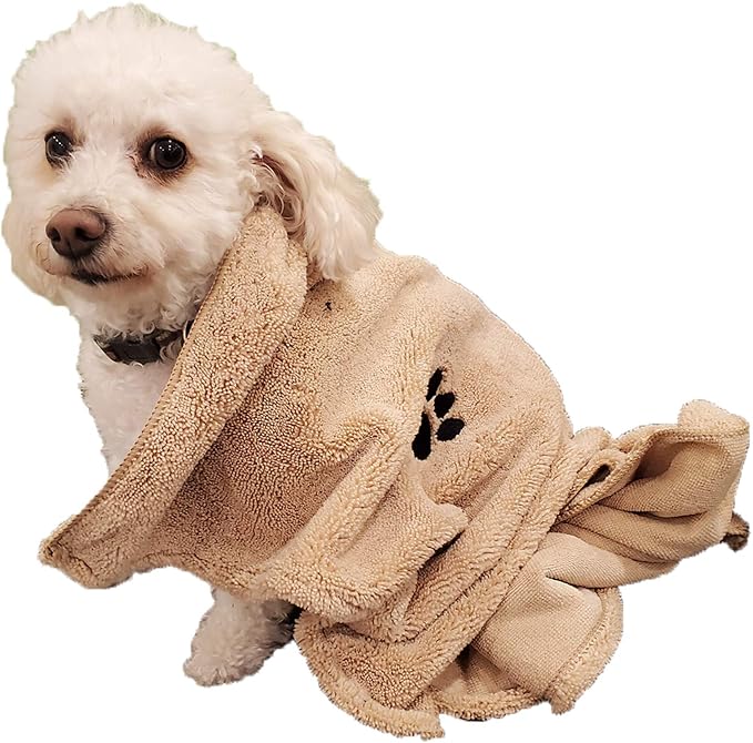 Zelica Dog Bath Drying Towels | Super Absorbent Shower Towels for Small Pet Dogs | Cute Light Brown Dog Towel | 34” x 25” (2 Pack)