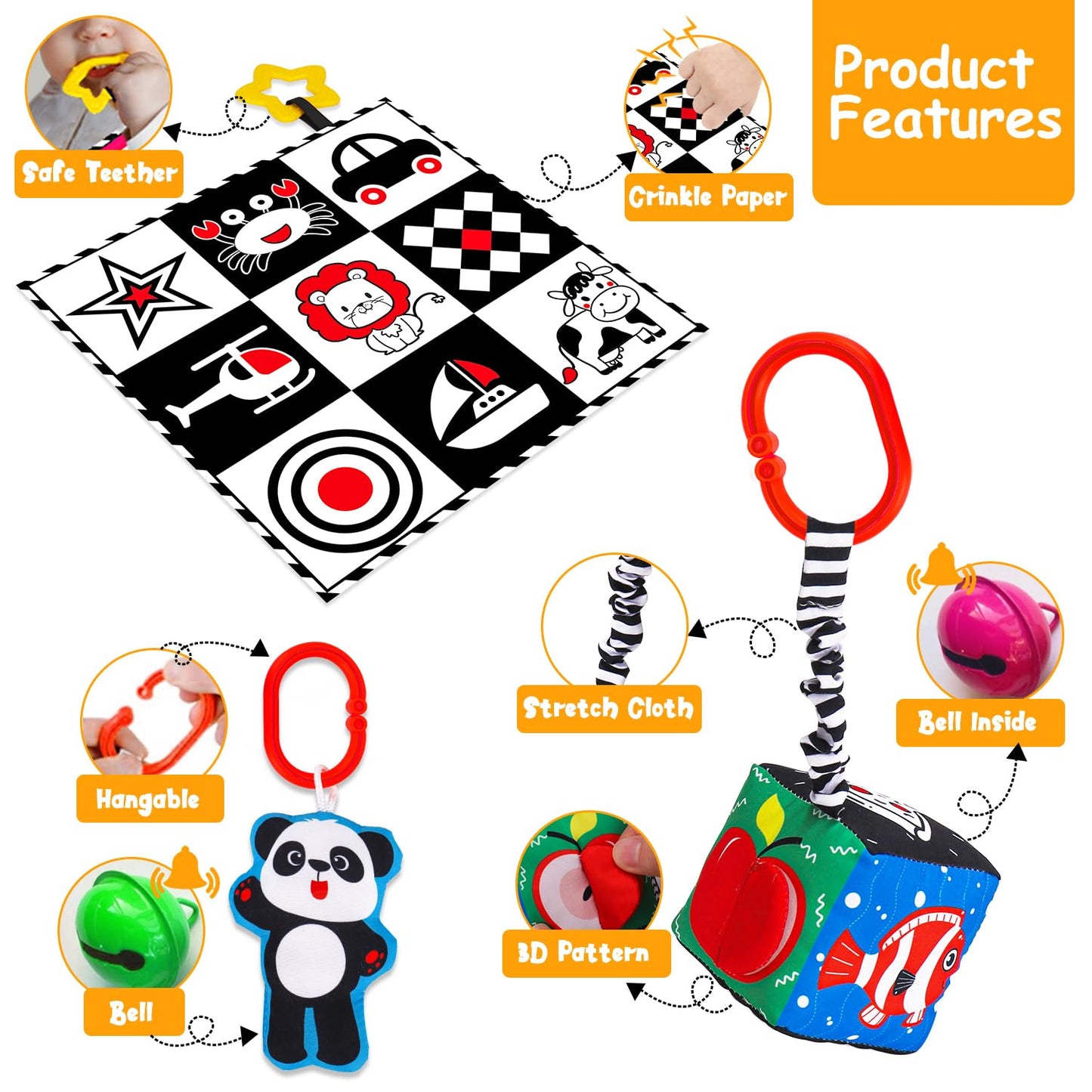 4 PCS Black and White High Contrast Baby Toys 0-3-6 Months Newborn Essential Montessori Toy for Babies Crinkle Sensory Book Brain Development Tummy Time Mirror Infant Carseat Rattle Easter Shower Gift