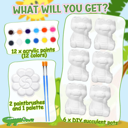 Pasimy 6 Set Ceramics to Paint DIY Ceramic Succulent Planter Pots Paint Your Own Flower Pots Craft Kit Unpainted Bisque Flowerpot with Brush Palette for Family Activity Holiday Gifts (Cute Dinosaur)