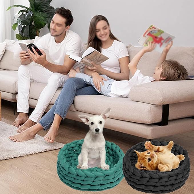 Woven Dog Bed Basket, Knitted Cotton Cat Bed Round Washable Woven Cat Pet Bed Chunky Dog Basket, Orthopedic, Chunky Knit Dog Nest,Dog Bed,Dog Cave,Dog Bedding(Green 1,19")
