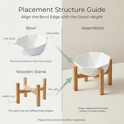 Ceramic Tilted Raised Cat Bowl - Elevated Food Bowl for Indoor Cats & Small Dogs - Shallow Wide Whisker-Friendly Design - Pet Dish Suitable for Feeding Dry, Wet, Treats & Canned Food - White