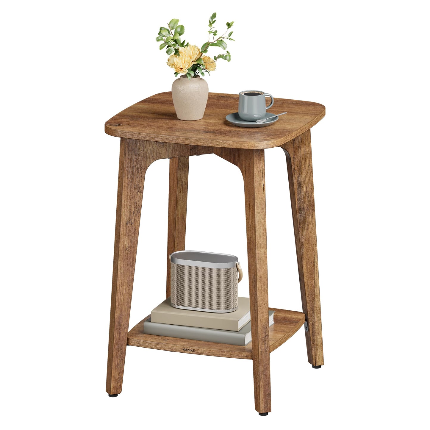 VASAGLE MAEZO Collection - Side Table, 2-Tier Small Square End Table, Nightstand with Tapered Legs, Curved Transitions, for Small Spaces, Living Room, Bedroom, Honey Brown ULET236K01