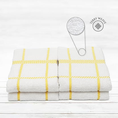 100% Cotton Terry Dish Towels, 4 Pack Checks, 16 x26 Inches, Super Soft and