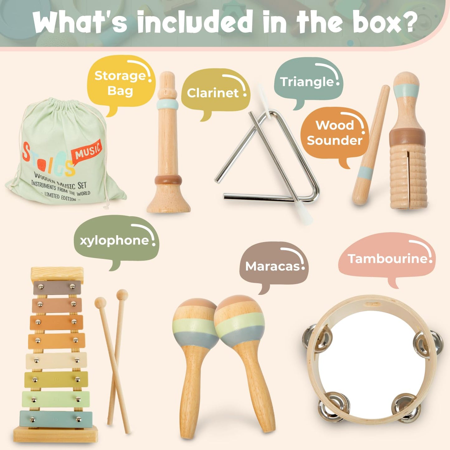 Stoie's Wooden Toddler Musical Instruments with Xylophone, Maracas, Triangle, Tamburine for Babies and Kids, Eco Friendly Montessori Educational Toy