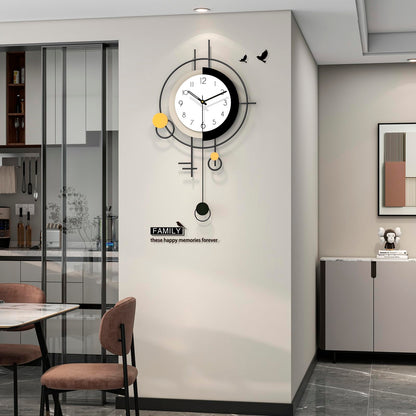 FLEBLE Large Wall Clock Decorative Modern Clock with Pendulum Silent Non-Ticking Battery Operated Black Metal Clock Wall for Living Room Kitchen Bedroom Office Home Decor, 15.7x27.6inch