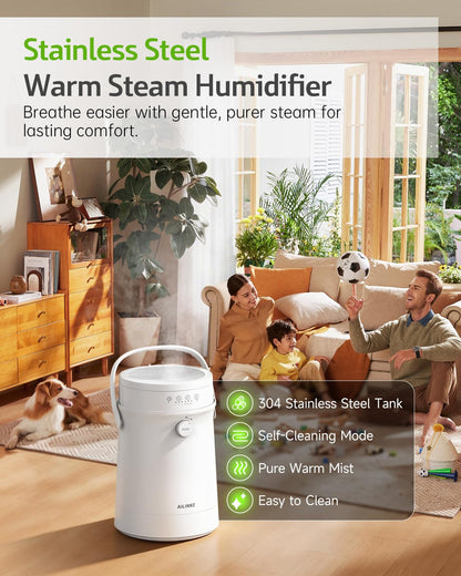 Stainless Steel Humidifier for Bedroom, Warm Mist Steam Humidifier 4L with Self-Cleaning Mode, Easy Clean Dishwasher Safe Humidifiers for Large room Living Room Home Office, Tip-Over Protection, White