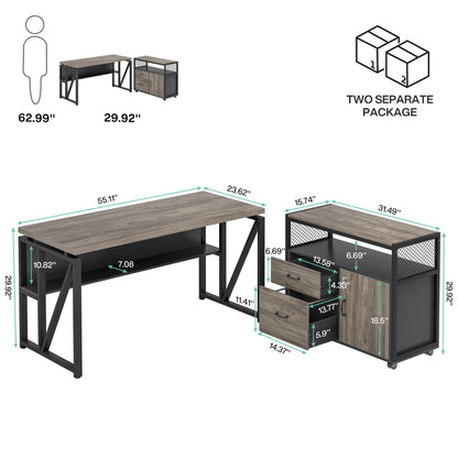 Tribesigns Grey Executive Desk with Cabinet, 55" L Shaped Computer Desk and lateral File Cabinet with Locks, 2 Piece Home Office Furniture Set for Hanging