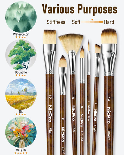 Nicpro 30pcs Paint Brush Set, Professional Paintbrushes with Paint Spatula and Cloth Roll, Craft Paint Brushes for Acrylic Painting, Oil, Watercolor, Gouache, Art Supplies for Artists and Beginners