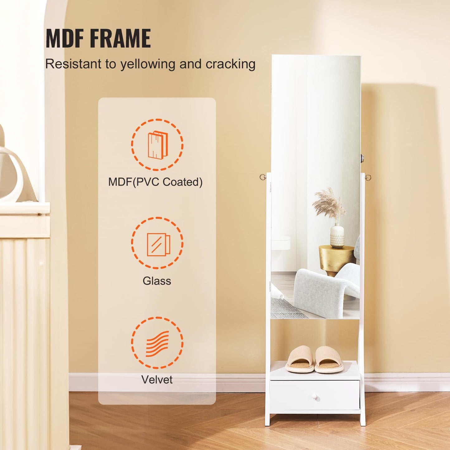 VEVOR Jewelry Cabinet Armoire, 62-Inch Tall Lockable Jewelry Organizer with Full-Length Mirror, LED Light, Velvet Lining, Drawer, Freestanding, White