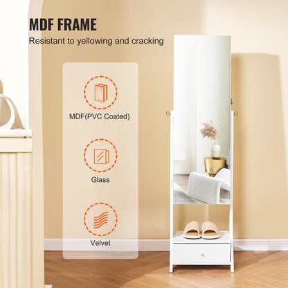 VEVOR Jewelry Cabinet Armoire, 62-Inch Tall Lockable Jewelry Organizer with Full-Length Mirror, LED Light, Velvet Lining, Drawer, Freestanding, White