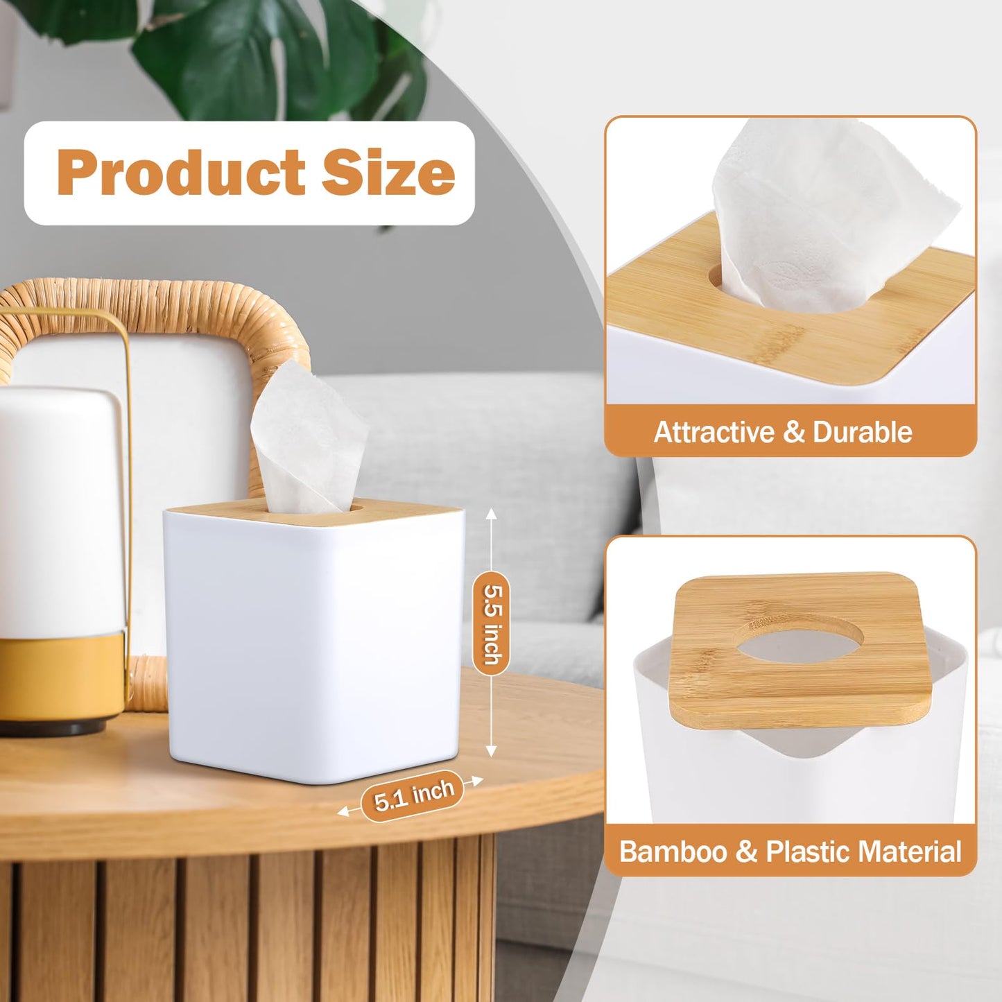 Teenyyou 2 Pcs Tissue Box Cover Square Paper Holders 5x5 Inch Tissue Box Cover Plastic Holder Wood Plate for Bathrooms, Kitchen, Office, Home, Bedroom Dresser, Countertop (White)