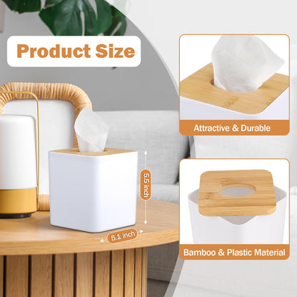 Teenyyou 2 Pcs Tissue Box Cover Square Paper Holders 5x5 Inch Tissue Box Cover Plastic Holder Wood Plate for Bathrooms, Kitchen, Office, Home, Bedroom Dresser, Countertop (White)
