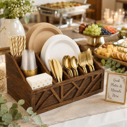 Seerova Living Premium 6 Compartment Wooden Paper Plate and Utensil Organizer – Heavy Duty Silverware & Napkin Caddy for Party, Picnic, BBQ, Kitchen Countertop, Vanity Makeup Storage
